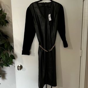 Faux leather sheath dress with gold chain belt fabric sleeves